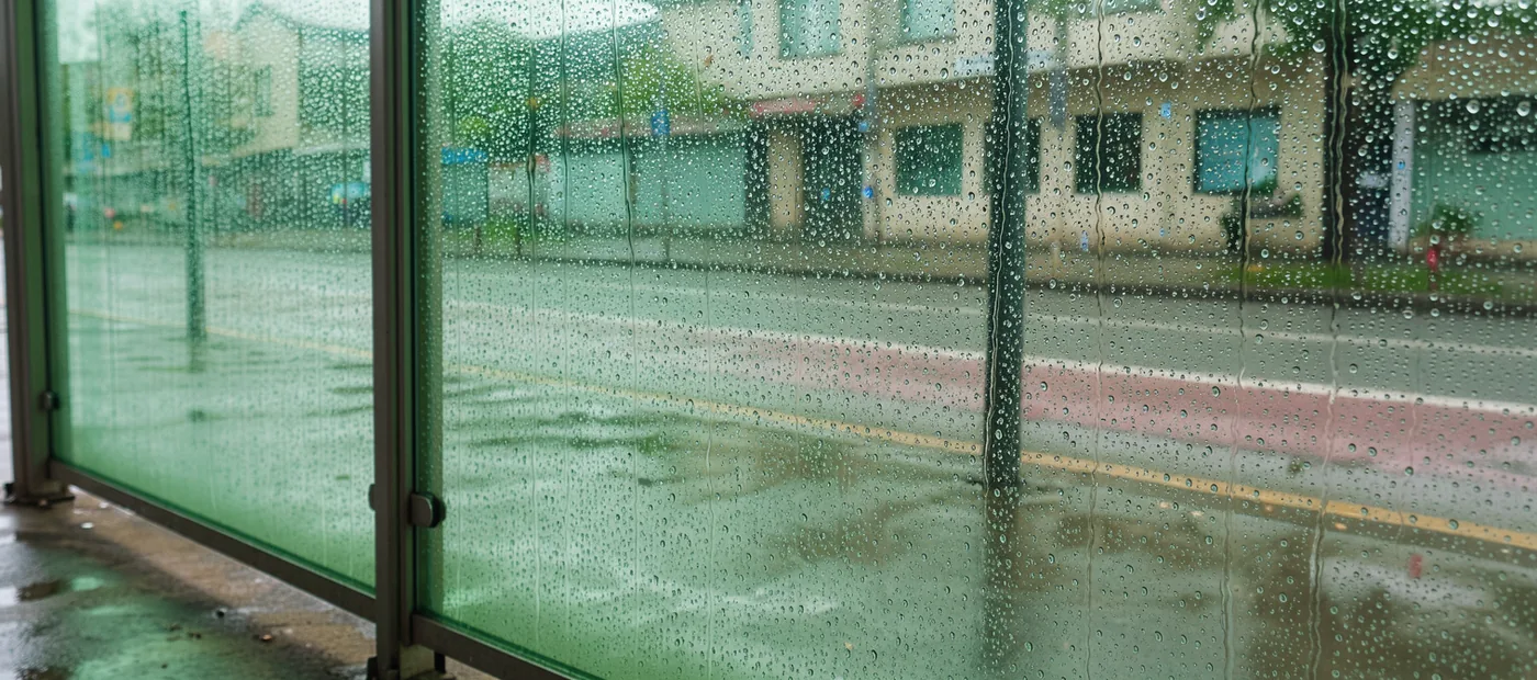 Sunlit rain on green bus shelter glass with a soft reflection of the city