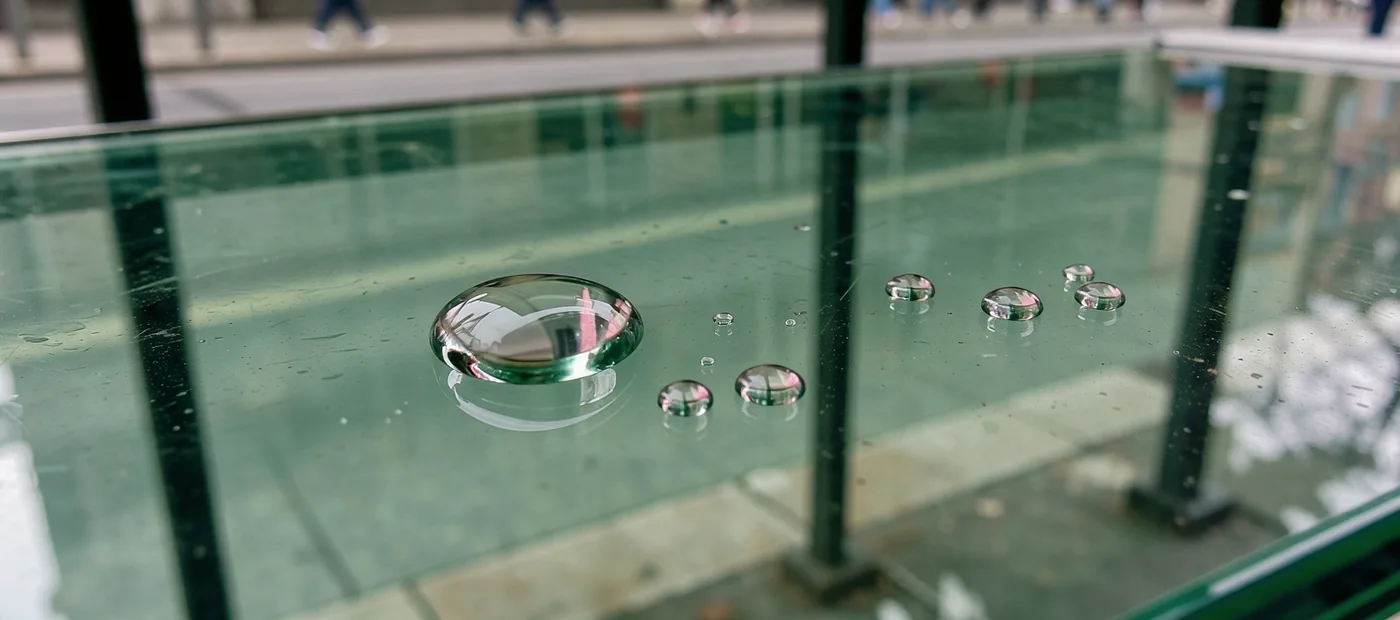 A rain droplet rests on green glass while an ordinary pavement blurs behind it