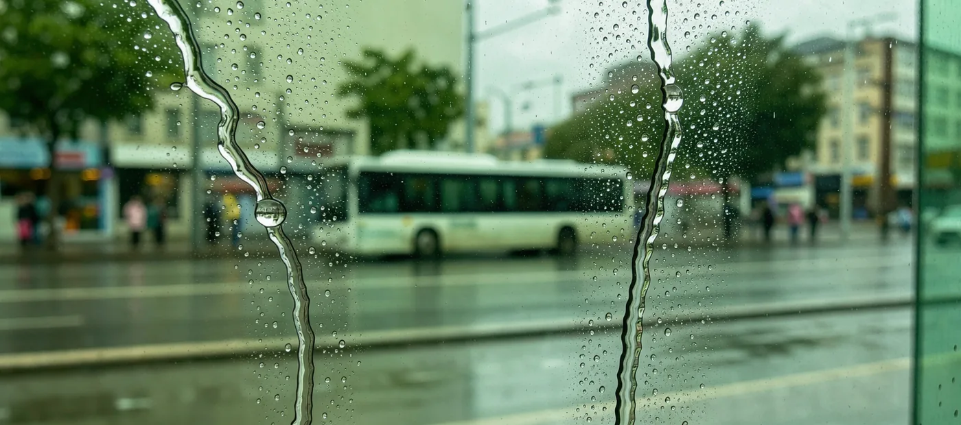 Two separate rivulets on green shelter glass distort a passing city bus