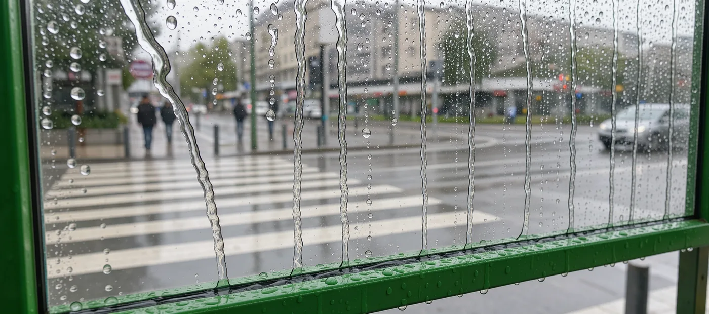 Rain travels in separate paths across green glass in front of a blurred street crossing