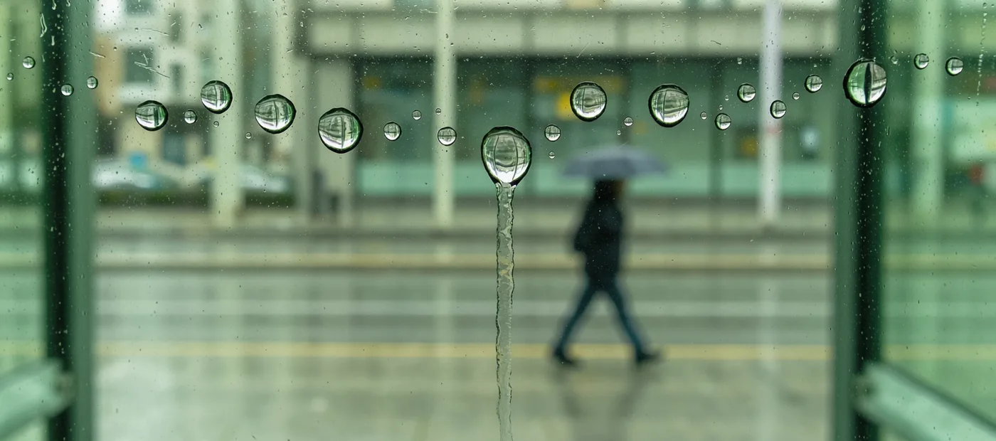 Small beads of rain gather above a longer streak on green glass