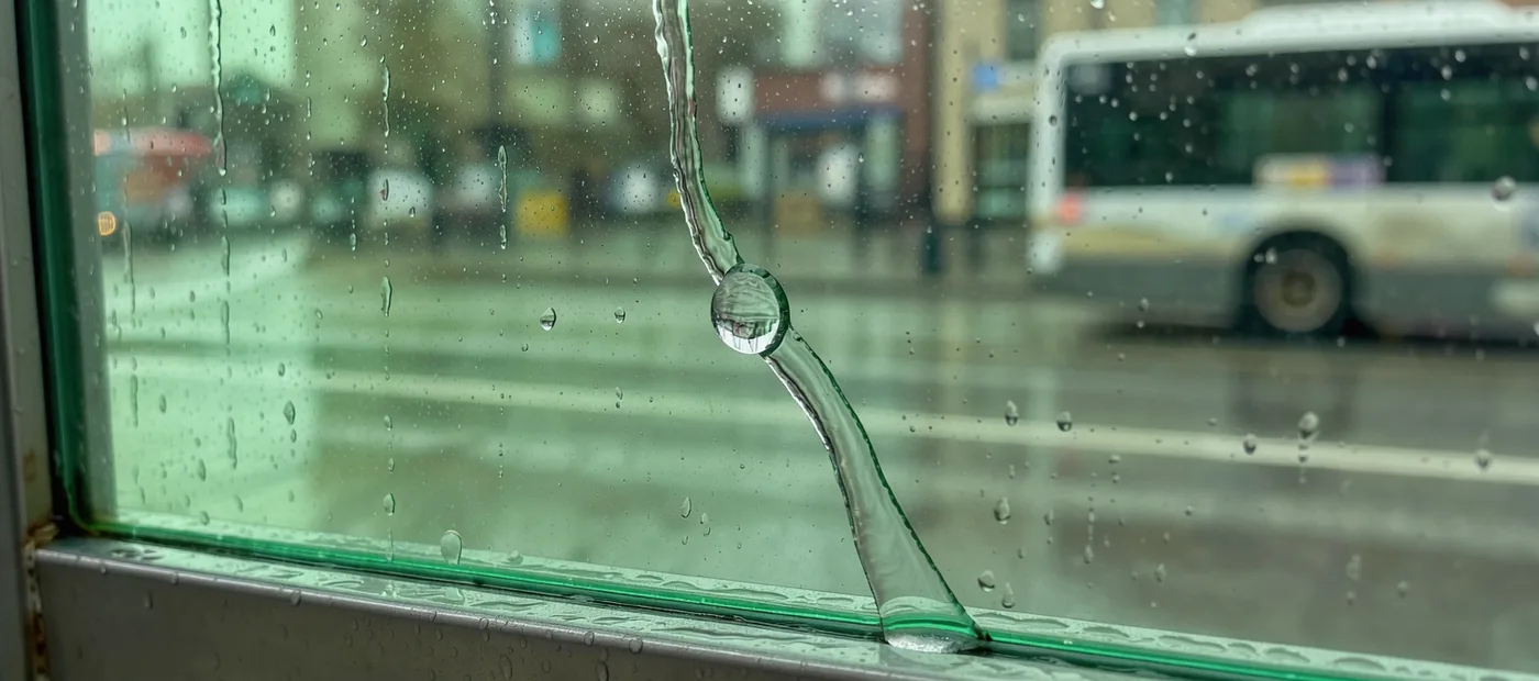 A thin stream of rain bends around a droplet on bright green shelter glass